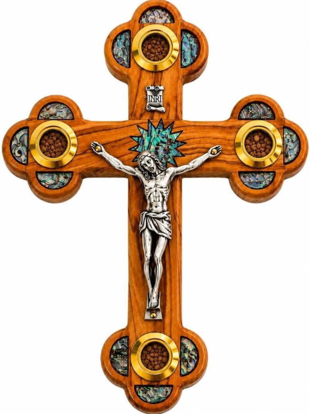 Handmade Olive Wood Crucifix with Mother of Pearl - 7" Christian Wall Cross